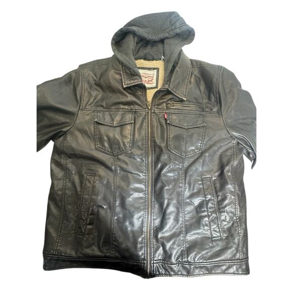 Levi's Black Faux-Leather Gray Hoodie Jacket Mens Sz 2XL Full Zip New With Tags - Picture 2 of 8